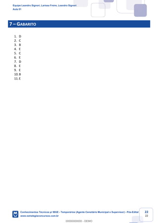 Prof. Leandro Signori
Aula 00
Xx
www.estrategiaconcursos.com.br
22
22
7 – GABARITO
1. D
2. C
3. B
4. E
5. C
6. E
7. D
8. E
9. E
10.B
11.E
Equipe Leandro Signori, Larissa Freire, Leandro Signori
Aula 01
Conhecimentos Técnicos p/ IBGE - Temporários (Agente Censitário Municipal e Supervisor) - Pós-Edital
www.estrategiaconcursos.com.br
0
00000000000 - DEMO
 