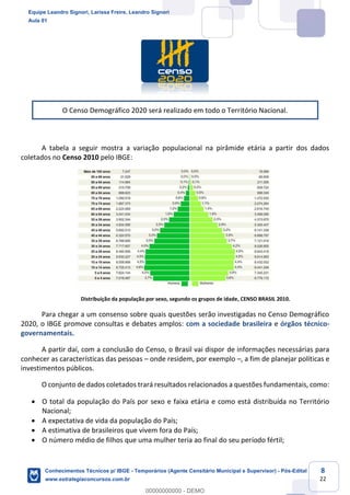 Prof. Leandro Signori
Aula 00
Conhecimentos Técnicos para o IBGE
www.estrategiaconcursos.com.br
8
22
O Censo Demográfico 2020 será realizado em todo o Território Nacional.
A tabela a seguir mostra a variação populacional na pirâmide etária a partir dos dados
coletados no Censo 2010 pelo IBGE:
Distribuição da população por sexo, segundo os grupos de idade, CENSO BRASIL 2010.
Para chegar a um consenso sobre quais questões serão investigadas no Censo Demográfico
2020, o IBGE promove consultas e debates amplos: com a sociedade brasileira e órgãos técnico-
governamentais.
A partir daí, com a conclusão do Censo, o Brasil vai dispor de informações necessárias para
conhecer as características das pessoas – onde residem, por exemplo –, a fim de planejar políticas e
investimentos públicos.
O conjunto de dados coletados trará resultados relacionados a questões fundamentais, como:
• O total da população do País por sexo e faixa etária e como está distribuída no Território
Nacional;
• A expectativa de vida da população do País;
• A estimativa de brasileiros que vivem fora do País;
• O número médio de filhos que uma mulher teria ao final do seu período fértil;
Equipe Leandro Signori, Larissa Freire, Leandro Signori
Aula 01
Conhecimentos Técnicos p/ IBGE - Temporários (Agente Censitário Municipal e Supervisor) - Pós-Edital
www.estrategiaconcursos.com.br
0
00000000000 - DEMO
 
