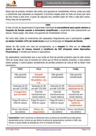 Nesse tipo de produto, também não existe uma garantia de rentabilidade mínima, ainda que todo
o rendimento seja repassado ao integrante. O primeiro resgate pode ser feito em prazo que varia
de dois meses a dois anos. A partir do segundo ano, também pode ser feita a cada dois meses.
Possui taxa de carregamento.
FAPI
O Fapi (Fundo de Aposentadoria Programada Individual) é aconselhável para quem declara o
Imposto de Renda usando o formulário simplificado e atualmente está praticamente em
desuso. Nessa opção, não existe uma garantia de rentabilidade mínima.
Por outro lado, todos os rendimentos são repassados integralmente para o participante e podese abater também 12% da renda bruta anual na declaração do Imposto de Renda.
Apesar de não contar com taxa de carregamento, se o resgate for feito em um intervalo
menor do que 12 meses, haverá a incidência de IOF (Imposto sobre Operações
Financeiras). É vendido por bancos e seguradoras.
Os especialistas recomendam que a sua renda ao final do período produtivo seja de pelo menos
70% da renda atual. Isso se levando em conta que os filhos já estarão crescidos, a casa própria
estará quitada, e outros gastos consideráveis do período produtivo da vida já não se façam mais
necessários.

Comentário: Tente memorizar as diferenças entre os planos de previdência privada aberta
apresentada acima. Lembre-se que dentre os planos de aposentadoria, somente o VGBL não
oferece a oportunidade de dedução de 12% no Imposto de Renda

Prof. Edgar Abreu

www.acasadoconcurseiro.com.br

Página 112

 