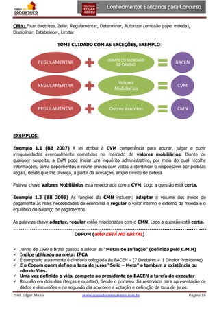 CMN: Fixar diretrizes, Zelar, Regulamentar, Determinar, Autorizar (emissão papel moeda),
Disciplinar, Estabelecer, Limitar
TOME CUIDADO COM AS EXCEÇÕES, EXEMPLO:

EXEMPLOS:
Exemplo 1.1 (BB 2007) A lei atribui à CVM competência para apurar, julgar e punir
irregularidades eventualmente cometidas no mercado de valores mobiliários. Diante de
qualquer suspeita, a CVM pode iniciar um inquérito administrativo, por meio do qual recolhe
informações, toma depoimentos e reúne provas com vistas a identificar o responsável por práticas
ilegais, desde que lhe ofereça, a partir da acusação, amplo direito de defesa
Palavra chave Valores Mobiliários está relacionada com a CVM. Logo a questão está certa.
Exemplo 1.2 (BB 2009) As funções do CMN incluem: adaptar o volume dos meios de
pagamento às reais necessidades da economia e regular o valor interno e externo da moeda e o
equilíbrio do balanço de pagamentos
As palavras chave adaptar, regular estão relacionadas com o CMN. Logo a questão está certa.
COPOM (NÃO ESTÁ NO EDITAL)
Junho de 1999 o Brasil passou a adotar as “Metas de Inflação” (definida pelo C.M.N)
Índice utilizado na meta: IPCA
É composto atualmente é diretoria colegiada do BACEN – (7 Diretores + 1 Diretor Presidente)
É o Copom quem define a taxa de juros “Selic – Meta” e também a existência ou
não do Viés.
 Uma vez definido o viés, compete ao presidente do BACEN a tarefa de executar
 Reunião em dois dias (terças e quartas), Sendo o primeiro dia reservado para apresentação de
dados e discussões e no segundo dia acontece a votação e definição da taxa de juros.





Prof. Edgar Abreu

www.acasadoconcurseiro.com.br

Página 16

 
