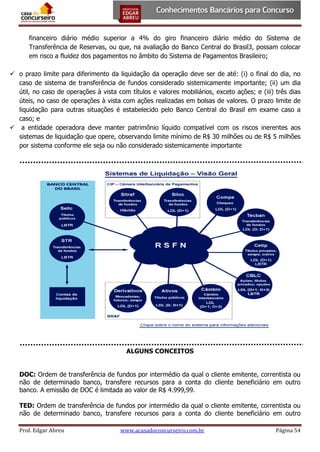 financeiro diário médio superior a 4% do giro financeiro diário médio do Sistema de
Transferência de Reservas, ou que, na avaliação do Banco Central do Brasil3, possam colocar
em risco a fluidez dos pagamentos no âmbito do Sistema de Pagamentos Brasileiro;
 o prazo limite para diferimento da liquidação da operação deve ser de até: (i) o final do dia, no
caso de sistema de transferência de fundos considerado sistemicamente importante; (ii) um dia
útil, no caso de operações à vista com títulos e valores mobiliários, exceto ações; e (iii) três dias
úteis, no caso de operações à vista com ações realizadas em bolsas de valores. O prazo limite de
liquidação para outras situações é estabelecido pelo Banco Central do Brasil em exame caso a
caso; e
 a entidade operadora deve manter patrimônio líquido compatível com os riscos inerentes aos
sistemas de liquidação que opere, observando limite mínimo de R$ 30 milhões ou de R$ 5 milhões
por sistema conforme ele seja ou não considerado sistemicamente importante

ALGUNS CONCEITOS
DOC: Ordem de transferência de fundos por intermédio da qual o cliente emitente, correntista ou
não de determinado banco, transfere recursos para a conta do cliente beneficiário em outro
banco. A emissão de DOC é limitada ao valor de R$ 4.999,99.
TED: Ordem de transferência de fundos por intermédio da qual o cliente emitente, correntista ou
não de determinado banco, transfere recursos para a conta do cliente beneficiário em outro
Prof. Edgar Abreu

www.acasadoconcurseiro.com.br

Página 54

 