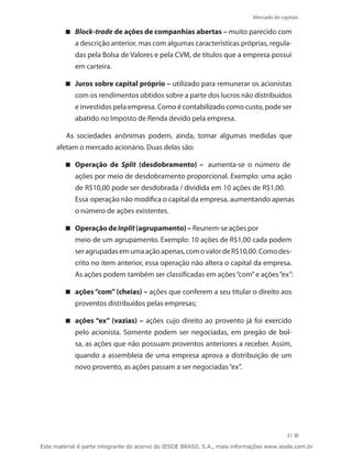 Mercado de capitais

         Block-trade de ações de companhias abertas – muito parecido com
            a descrição anterior, mas com algumas características próprias, regula-
            das pela Bolsa de Valores e pela CVM, de títulos que a empresa possui
            em carteira.

         Juros sobre capital próprio – utilizado para remunerar os acionistas
            com os rendimentos obtidos sobre a parte dos lucros não distribuídos
            e investidos pela empresa. Como é contabilizado como custo, pode ser
            abatido no Imposto de Renda devido pela empresa.

         As sociedades anônimas podem, ainda, tomar algumas medidas que
     afetam o mercado acionário. Duas delas são:

         Operação de Split (desdobramento) – aumenta-se o número de
            ações por meio de desdobramento proporcional. Exemplo: uma ação
            de R$10,00 pode ser desdobrada / dividida em 10 ações de R$1,00.
            Essa operação não modifica o capital da empresa, aumentando apenas
            o número de ações existentes.

         Operação de Inplit (agrupamento) – Reunem-se ações por
            meio de um agrupamento. Exemplo: 10 ações de R$1,00 cada podem
            ser agrupadas em uma ação apenas, com o valor de R$10,00. Como des-
            crito no item anterior, essa operação não altera o capital da empresa.
            As ações podem também ser classificadas em ações “com” e ações “ex”:

         ações “com” (cheias) – ações que conferem a seu titular o direito aos
            proventos distribuídos pelas empresas;

         ações “ex” (vazias) – ações cujo direito ao provento já foi exercido
            pelo acionista. Somente podem ser negociadas, em pregão de bol-
            sa, as ações que não possuam proventos anteriores a receber. Assim,
            quando a assembleia de uma empresa aprova a distribuição de um
            novo provento, as ações passam a ser negociadas “ex”.




                                                                                          31

Este material é parte integrante do acervo do IESDE BRASIL S.A., mais informações www.iesde.com.br
 