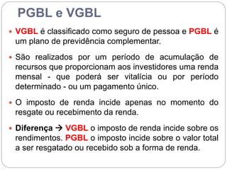 PGBL e VGBL
 VGBL é classificado como seguro de pessoa e PGBL é
um plano de previdência complementar.
 São realizados por um período de acumulação de
recursos que proporcionam aos investidores uma renda
mensal - que poderá ser vitalícia ou por período
determinado - ou um pagamento único.
 O imposto de renda incide apenas no momento do
resgate ou recebimento da renda.
 Diferença  VGBL o imposto de renda incide sobre os
rendimentos. PGBL o imposto incide sobre o valor total
a ser resgatado ou recebido sob a forma de renda.
 