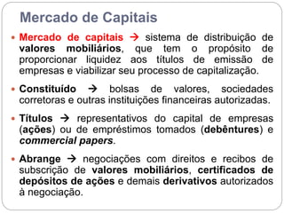 Mercado de Capitais
 Mercado de capitais  sistema de distribuição de
valores mobiliários, que tem o propósito de
proporcionar liquidez aos títulos de emissão de
empresas e viabilizar seu processo de capitalização.
 Constituído  bolsas de valores, sociedades
corretoras e outras instituições financeiras autorizadas.
 Títulos  representativos do capital de empresas
(ações) ou de empréstimos tomados (debêntures) e
commercial papers.
 Abrange  negociações com direitos e recibos de
subscrição de valores mobiliários, certificados de
depósitos de ações e demais derivativos autorizados
à negociação.
 