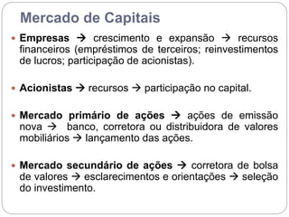 Mercado de Capitais
 Empresas  crescimento e expansão  recursos
financeiros (empréstimos de terceiros; reinvestimentos
de lucros; participação de acionistas).
 Acionistas  recursos  participação no capital.
 Mercado primário de ações  ações de emissão
nova  banco, corretora ou distribuidora de valores
mobiliários  lançamento das ações.
 Mercado secundário de ações  corretora de bolsa
de valores  esclarecimentos e orientações  seleção
do investimento.
 