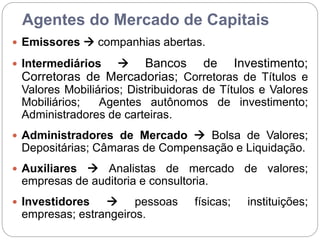 Agentes do Mercado de Capitais
 Emissores  companhias abertas.
 Intermediários  Bancos de Investimento;
Corretoras de Mercadorias; Corretoras de Títulos e
Valores Mobiliários; Distribuidoras de Títulos e Valores
Mobiliários; Agentes autônomos de investimento;
Administradores de carteiras.
 Administradores de Mercado  Bolsa de Valores;
Depositárias; Câmaras de Compensação e Liquidação.
 Auxiliares  Analistas de mercado de valores;
empresas de auditoria e consultoria.
 Investidores  pessoas físicas; instituições;
empresas; estrangeiros.
 