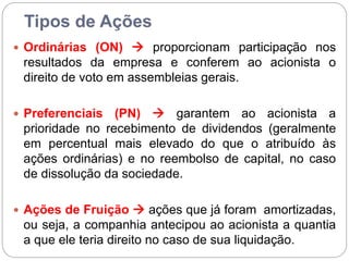 Tipos de Ações
 Ordinárias (ON)  proporcionam participação nos
resultados da empresa e conferem ao acionista o
direito de voto em assembleias gerais.
 Preferenciais (PN)  garantem ao acionista a
prioridade no recebimento de dividendos (geralmente
em percentual mais elevado do que o atribuído às
ações ordinárias) e no reembolso de capital, no caso
de dissolução da sociedade.
 Ações de Fruição  ações que já foram amortizadas,
ou seja, a companhia antecipou ao acionista a quantia
a que ele teria direito no caso de sua liquidação.
 
