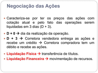 Negociação das Ações
 Caracteriza-se por ter os preços das ações com
cotação atual e pelo fato das operações serem
liquidadas em 3 dias (D + 3).
 D + 0  dia da realização da operação.
 D + 3  Corretora vendedora entrega as ações e
recebe um crédito  Corretora compradora tem um
débito e recebe as ações.
 Liquidação Física  transferência de títulos.
 Liquidação Financeira  movimentação de recursos.
 