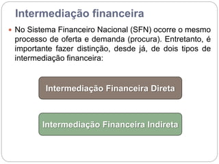Intermediação financeira
 No Sistema Financeiro Nacional (SFN) ocorre o mesmo
processo de oferta e demanda (procura). Entretanto, é
importante fazer distinção, desde já, de dois tipos de
intermediação financeira:
Intermediação Financeira Direta
Intermediação Financeira Indireta
 