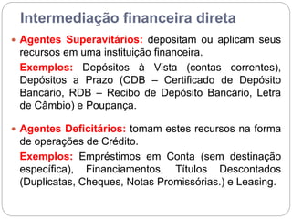 Intermediação financeira direta
 Agentes Superavitários: depositam ou aplicam seus
recursos em uma instituição financeira.
Exemplos: Depósitos à Vista (contas correntes),
Depósitos a Prazo (CDB – Certificado de Depósito
Bancário, RDB – Recibo de Depósito Bancário, Letra
de Câmbio) e Poupança.
 Agentes Deficitários: tomam estes recursos na forma
de operações de Crédito.
Exemplos: Empréstimos em Conta (sem destinação
específica), Financiamentos, Títulos Descontados
(Duplicatas, Cheques, Notas Promissórias.) e Leasing.
 
