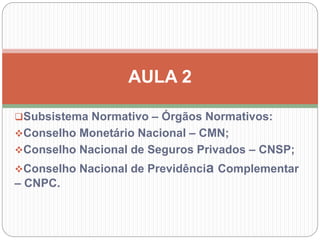 Subsistema Normativo – Órgãos Normativos:
Conselho Monetário Nacional – CMN;
Conselho Nacional de Seguros Privados – CNSP;
Conselho Nacional de Previdência Complementar
– CNPC.
AULA 2
 