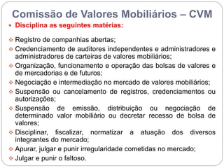 Comissão de Valores Mobiliários – CVM
 Disciplina as seguintes matérias:
 Registro de companhias abertas;
 Credenciamento de auditores independentes e administradores e
administradores de carteiras de valores mobiliários;
 Organização, funcionamento e operação das bolsas de valores e
de mercadorias e de futuros;
 Negociação e intermediação no mercado de valores mobiliários;
 Suspensão ou cancelamento de registros, credenciamentos ou
autorizações;
 Suspensão de emissão, distribuição ou negociação de
determinado valor mobiliário ou decretar recesso de bolsa de
valores;
 Disciplinar, fiscalizar, normatizar a atuação dos diversos
integrantes do mercado;
 Apurar, julgar e punir irregularidade cometidas no mercado;
 Julgar e punir o faltoso.
 