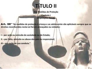 TÍTULO II Capítulo I Art. 98°  “As medidas de proteção à criança e ao adolescente são aplicáveis sempre que os direitos reconhecidos nesta Lei forem ameaçados ou violados : I – por ação ou omissão da sociedade ou do Estado; II – por falta, omissão ou abuso dos pais ou responsável; III – em razão de sua conduta.” Das Medidas de Proteção Disposições Gerais 
