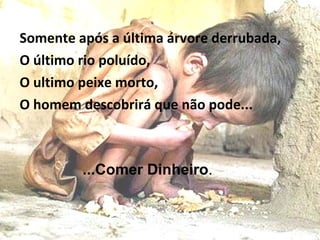 Somente após a última árvore derrubada,  O último rio poluído, O ultimo peixe morto, O homem descobrirá que não pode... ...Comer Dinheiro . 