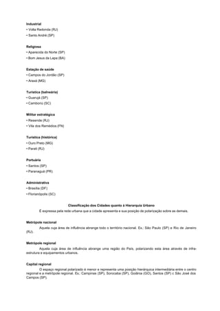 Industrial
• Volta Redonda (RJ)
• Santo André (SP)


Religiosa
• Aparecida do Norte (SP)
• Bom Jesus da Lapa (BA)


Estação de saúde
• Campos do Jordão (SP)
• Araxá (MG)


Turística (balneária)
• Guarujá (SP)
• Camboriú (SC)


Militar estratégica
• Resende (RJ)
• Vila dos Remédios (FN)


Turística (histórica)
• Ouro Preto (MG)
• Parati (RJ)


Portuária
• Santos (SP)
• Paranaguá (PR)


Administrativa
• Brasília (DF)
• Florianópolis (SC)


                            Classificação dos Cidades quanto à Hierarquia Urbano
         É expressa pela rede urbana que a cidade apresenta e sua posição de polarização sobre as demais.


Metrópole nacional
         Aquela cuja área de influência abrange todo o território nacional. Ex.: São Paulo (SP) e Rio de Janeiro
(RJ).


Metrópole regional
         Aquela cuja área de influência abrange uma região do País, polarizando esta área através de infra-
estrutura e equipamentos urbanos.


Capital regional
         O espaço regional polarizado é menor e representa uma posição hierárquica intermediária entre o centro
regional e a metrópole regional. Ex.: Campinas (SP), Sorocaba (SP), Goiânia (GO), Santos (SP) c São José dos
Campos (SP).
 