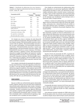 Tabela 5 - Distribuição de adolescentes dos sexos feminino e                 Com relação ao conhecimento dos adolescentes sobre
masculino em relação ao conhecimento das formas de transmissão           a aids, obtivemos um percentual significativo (100%) de
do HIV - Embu, SP - 2005                                                 respondentes de ambos os sexos, que afirmaram ter infor-
                                                                         mações suficientes sobre o assunto, sendo o conhecimen-
   Transmissão do HIV
                                                      Sexo               to sobre a aids um fator importante para prevenção desta
                                              Feminino       Masculino   doença(10). Também ressaltamos um percentual significati-
                                                                         vo de respostas que ressaltaram outras doenças como a
   Sexo oral                                    44%            44%
                                                                         Gonorréia, Sífilis e Herpes Genital.
   Sexo anal                                    50%            40%
   Sexo vaginal                                 80%            67%           Embora o número de adolescentes que evidenciaram
                                                                         algum nível de conhecimento sobre DST tenha sido signifi-
   Pelo beijo                                   6%              5%
                                                                         cativo, preocupou-nos o desconhecimento de ambos os
   Pelo abraço                                  1%              2%       sexos sobre doenças como a Candidíase, a Tricomoníase e
   Compartilhar seringas no uso de              95%            65%       principalmente o Condiloma Acuminado (Papiloma Vírus
   drogas injetáveis                                                     Humano/HPV).
   Transfusão de sangue contaminado             75%            53%
                                                                             O desconhecimento da Candidíase e Tricomoníase é um
   Transmissão da mãe para o filho              48%            30%
                                                                         fato importante, quando se trata de conhecimento e cui-
   Em superfícies contaminadas                  17%            10%       dado corporal do adolescente, pois necessariamente essas
   Não sabe nada sobre o assunto                3%              9%       doenças não são transmitidas somente pela relação sexu-
                                                                         al. Os vetores (Candida albicans e Tricomonas Vaginalis)
    Em relação aos sinais e sintomas da aids (Acquired                   normalmente fazem parte da flora vaginal, habitando a
Immuno Deficiency Syndrome), 40% feminino/28% mascu-                     mucosa do sistema gênito urinário. Além da transmissão
lino citaram cansaço; 35% feminino/29% masculino menci-                  por via sexual, também pode ocorrer por alteração da flora
onaram falta de apetite; 35% feminino/24% masculino a                    vaginal da mulher, devido a fatores como: gravidez, obesi-
dor no corpo e articulações; 17% feminino/9% masculino o                 dade, o uso de contraceptivos orais de altas dosagens, há-
corrimento; 17% feminino/13% masculino a coceira nos                     bitos de higiene e roupas que aumentam o calor e a umi-
órgãos genitais; 33% feminino/24% masculino a febre; 27%                 dade do local(11). Assim, muitas vezes o corrimento referido
feminino/13% masculino os suores noturnos; 17% femini-                   pelas adolescentes, que gera medo e vergonha, pode ser
no/8% masculino o sapinho na boca; 26% feminino/11%                      esclarecido pela educação em saúde.
masculino os pingos hemorrágicos que aparecem na pele;
                                                                             Quanto à forma de prevenção das DST, as garotas de-
26% feminino/13% masculino a tosse persistente; 14% fe-
                                                                         monstram ter mais conhecimento que os rapazes, princi-
minino/7% masculino a diarréia; 12% feminino/8% mascu-
                                                                         palmente no que diz respeito ao uso do preservativo mas-
lino a inflamação dos gânglios; 3% feminino/8% masculino
                                                                         culino, seguido de consulta médica periódica e maior co-
a impotência; 36% feminino/31% masculino referiram não
                                                                         nhecimento do parceiro sexual. Chamou-nos a atenção o
saber nada sobre o assunto.
                                                                         fato de que tanto as garotas como os rapazes referiram la-
    Com relação à distribuição da população de adolescen-                var os genitais após o ato sexual enquanto forma de pre-
tes dos sexos feminino e masculino segundo o conhecimen-                 venção. Trata-se de uma prática perigosa e totalmente equi-
to sobre a cura das Doenças Sexualmente Transmissíveis,                  vocada, que precisa ser abordada junto aos adolescentes,
obtivemos a seguinte seqüência: não souberam opinar (57%                 como forma de orientação.
feminino/71% masculino); Gonorréia (16% feminino/15%
                                                                             O uso do preservativo foi indicado por uma grande por-
masculino); Sífilis (11% feminino/ 13% masculino); Herpes
                                                                         centagem dos adolescentes, o que aparentemente demons-
Genital (10% feminino e masculino); Condiloma Acuminado
                                                                         tra conhecimento desta forma de prevenção. No Brasil,
(6% feminino/ 5% masculino); Aids (5% feminino/ 6% mas-
                                                                         assim como em outros países, tem havido um significante
culino); DST não tem cura (4% feminino/ 7% masculino).
                                                                         aumento do uso do preservativo pelos adolescentes(12).
                                                                         Porém, há estudos com adolescentes que referiram nunca
     DISCUSSÃO                                                           ter usado o preservativo, apesar de conhecerem os riscos
                                                                         aos quais estavam expostos(4), em nossa intervenção esses
    No que se refere aos conhecimentos gerais relacionados               merecerão atenção.
às DST, pudemos observar que esse tema não é totalmente
                                                                            A proporção de jovens menores de 20 anos que inicia-
desconhecido pelos adolescentes deste estudo. Contudo o
                                                                         ram a vida sexual usando preservativo masculino aumen-
conhecimento e desconhecimento se mesclam nas questões
                                                                         tou de 47,8% em 1998 para 65,8% em 2005, proporção
analisadas. Também constatamos que algumas diferenças
                                                                         maior entre rapazes(13).
entre garotas e rapazes foram significativas, demonstrando
que o conhecimento das garotas sobre o assunto é maior.                     Uma pesquisa nacional realizada em 2004 indicou que
Esta constatação sobre o conhecimento de garotas e rapa-                 57,3% dos jovens entre 15 e 24 anos usaram preservativos
zes corroborou com os achados de outros estudos(3, 9).                   na última relação sexual, 58,5% sempre usaram preservati-



                                                                                                                                555
Conhecimento sobre DST/AIDS por                                                                          Rev Esc Enferm USP
estudantes adolescentes                                                                                     2009; 43(3):551-7
Brêtas JRS, Ohara CVS, Jardim DP, Muroya RL                                                             www.ee.usp.br/reeusp/
 
