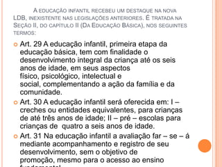 A EDUCAÇÃO INFANTIL RECEBEU UM DESTAQUE NA NOVA
LDB, INEXISTENTE NAS LEGISLAÇÕES ANTERIORES. É TRATADA NA
SEÇÃO II, DO CAPÍTULO II (DA EDUCAÇÃO BÁSICA), NOS SEGUINTES
TERMOS:

Art. 29 A educação infantil, primeira etapa da
educação básica, tem com finalidade o
desenvolvimento integral da criança até os seis
anos de idade, em seus aspectos
físico, psicológico, intelectual e
social, complementando a ação da família e da
comunidade.
 Art. 30 A educação infantil será oferecida em: I –
creches ou entidades equivalentes, para crianças
de até três anos de idade; II – pré – escolas para
crianças de quatro a seis anos de idade.
 Art. 31 Na educação infantil a avaliação far – se – á
mediante acompanhamento e registro de seu
desenvolvimento, sem o objetivo de
promoção, mesmo para o acesso ao ensino


 