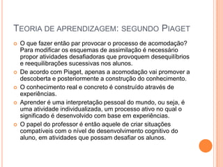 TEORIA DE APRENDIZAGEM: SEGUNDO PIAGET








O que fazer então par provocar o processo de acomodação?
Para modificar os esquemas de assimilação é necessário
propor atividades desafiadoras que provoquem desequilíbrios
e reequilibrações sucessivas nos alunos.
De acordo com Piaget, apenas a acomodação vai promover a
descoberta e posteriormente a construção do conhecimento.
O conhecimento real e concreto é construído através de
experiências.
Aprender é uma interpretação pessoal do mundo, ou seja, é
uma atividade individualizada, um processo ativo no qual o
significado é desenvolvido com base em experiências.
O papel do professor é então aquele de criar situações
compatíveis com o nível de desenvolvimento cognitivo do
aluno, em atividades que possam desafiar os alunos.

 