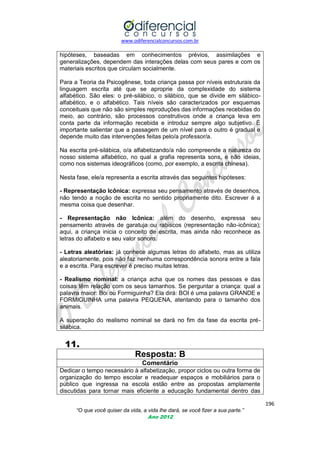 www.odiferencialconcursos.com.br

hipóteses, baseadas em conhecimentos prévios, assimilações e
generalizações, dependem das interações delas com seus pares e com os
materiais escritos que circulam socialmente.
Para a Teoria da Psicogênese, toda criança passa por níveis estruturais da
linguagem escrita até que se aproprie da complexidade do sistema
alfabético. São eles: o pré-silábico, o silábico, que se divide em silábicoalfabético, e o alfabético. Tais níveis são caracterizados por esquemas
conceituais que não são simples reproduções das informações recebidas do
meio, ao contrário, são processos construtivos onde a criança leva em
conta parte da informação recebida e introduz sempre algo subjetivo. É
importante salientar que a passagem de um nível para o outro é gradual e
depende muito das intervenções feitas pelo/a professor/a.
Na escrita pré-silábica, o/a alfabetizando/a não compreende a natureza do
nosso sistema alfabético, no qual a grafia representa sons, e não ideias,
como nos sistemas ideográficos (como, por exemplo, a escrita chinesa).
Nesta fase, ele/a representa a escrita através das seguintes hipóteses:
- Representação Icônica: expressa seu pensamento através de desenhos,
não tendo a noção de escrita no sentido propriamente dito. Escrever é a
mesma coisa que desenhar.
- Representação não Icônica: além do desenho, expressa seu
pensamento através de garatuja ou rabiscos (representação não-icônica);
aqui, a criança inicia o conceito de escrita, mas ainda não reconhece as
letras do alfabeto e seu valor sonoro.
- Letras aleatórias: já conhece algumas letras do alfabeto, mas as utiliza
aleatoriamente, pois não faz nenhuma correspondência sonora entre a fala
e a escrita. Para escrever é preciso muitas letras.
- Realismo nominal: a criança acha que os nomes das pessoas e das
coisas têm relação com os seus tamanhos. Se perguntar a criança: qual a
palavra maior: Boi ou Formiguinha? Ela dirá: BOI é uma palavra GRANDE e
FORMIGUINHA uma palavra PEQUENA, atentando para o tamanho dos
animais.
A superação do realismo nominal se dará no fim da fase da escrita présilábica.

11.
Resposta: B
Comentário
Dedicar o tempo necessário à alfabetização, propor ciclos ou outra forma de
organização do tempo escolar e readequar espaços e mobiliários para o
público que ingressa na escola estão entre as propostas amplamente
discutidas para tornar mais eficiente a educação fundamental dentro das
196
“O que você quiser da vida, a vida lhe dará, se você fizer a sua parte.”
Ano 2012

 