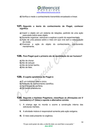 www.odiferencialconcursos.com.br

d) Verifica e mede o conhecimento transmitido encadeado e linear.

127. Segundo a teoria do conhecimento de Piaget, conhecer
significa:
a) Inserir o objeto em um sistema de relações, partindo de uma ação
executada sobre esse objeto.
b) Somente organizar, estruturar e explicar a partir do experimentado.
c) Ação de uma pessoa sobre o meio em que vive sem a estruturação
do vivido.
d) Vivenciar a ação do objeto do conhecimento, estruturando
mentalmente.

128. Para Piaget qual o primeiro ato de assimilação do ser humano?
a) Ato de chorar.
b) Ato de soluçar.
c) Ato de tomar banho.
d) Ato de falar.

129. O sujeito epistêmico de Piaget é:
a) É um indivíduo ideal e único.
b) Reflexão do conhecimento científico.
c) As crianças de periferia.
d) Os bebês prematuros.

130. Segundo a hipótese Piagetiana, classifique as afirmações em V
(verdadeiro) e F (falso) e aponte a alternativa correta:
I.

A criança age no mundo e ocorre a construção interna das
estruturas mentais.

II. A atividade motora é responsável somente pela ação exógena.
III. O meio está presente no orgânico.
50
“O que você quiser da vida, a vida lhe dará, se você fizer a sua parte.”
Ano 2012

 