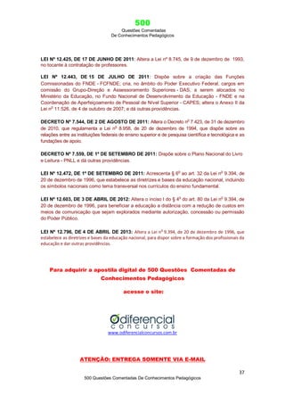 500
Questões Comentadas
De Conhecimentos Pedagógicos
37
500 Questões Comentadas De Conhecimentos Pedagógicos
LEI Nº 12.425, DE 17 DE JUNHO DE 2011: Altera a Lei nº 8.745, de 9 de dezembro de 1993,
no tocante à contratação de professores.
LEI Nº 12.443, DE 15 DE JULHO DE 2011: Dispõe sobre a criação das Funções
Comissionadas do FNDE - FCFNDE; cria, no âmbito do Poder Executivo Federal, cargos em
comissão do Grupo-Direção e Assessoramento Superiores - DAS, a serem alocados no
Ministério da Educação, no Fundo Nacional de Desenvolvimento da Educação - FNDE e na
Coordenação de Aperfeiçoamento de Pessoal de Nível Superior - CAPES; altera o Anexo II da
Lei n
o
11.526, de 4 de outubro de 2007; e dá outras providências.
DECRETO Nº 7.544, DE 2 DE AGOSTO DE 2011: Altera o Decreto no
7.423, de 31 de dezembro
de 2010, que regulamenta a Lei n
o
8.958, de 20 de dezembro de 1994, que dispõe sobre as
relações entre as instituições federais de ensino superior e de pesquisa científica e tecnológica e as
fundações de apoio.
DECRETO Nº 7.559, DE 1º DE SETEMBRO DE 2011: Dispõe sobre o Plano Nacional do Livro
e Leitura - PNLL e dá outras providências.
LEI Nº 12.472, DE 1º DE SETEMBRO DE 2011: Acrescenta § 6
o
ao art. 32 da Lei n
o
9.394, de
20 de dezembro de 1996, que estabelece as diretrizes e bases da educação nacional, incluindo
os símbolos nacionais como tema transversal nos currículos do ensino fundamental.
LEI Nº 12.603, DE 3 DE ABRIL DE 2012: Altera o inciso I do § 4
o
do art. 80 da Lei n
o
9.394, de
20 de dezembro de 1996, para beneficiar a educação a distância com a redução de custos em
meios de comunicação que sejam explorados mediante autorização, concessão ou permissão
do Poder Público.
LEI Nº 12.796, DE 4 DE ABRIL DE 2013: Altera a Lei n
o
9.394, de 20 de dezembro de 1996, que
estabelece as diretrizes e bases da educação nacional, para dispor sobre a formação dos profissionais da
educação e dar outras providências.
Para adquirir a apostila digital de 500 Questões Comentadas de
Conhecimentos Pedagógicos
acesse o site:
www.odiferencialconcursos.com.br
ATENÇÃO: ENTREGA SOMENTE VIA E-MAIL
 