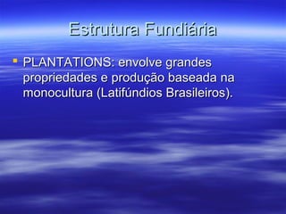 Estrutura Fundiária
 PLANTATIONS: envolve grandes
propriedades e produção baseada na
monocultura (Latifúndios Brasileiros).

 