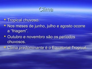 Clima
 Tropical chuvoso.
 Nos meses de junho, julho e agosto ocorre
a “friagem”.
 Outubro e novembro são os períodos
chuvosos.
 Clima predominante é o Equatorial Tropical.

 