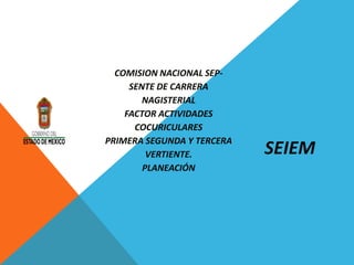 COMISION NACIONAL SEP-
SENTE DE CARRERA
NAGISTERIAL
FACTOR ACTIVIDADES
COCURICULARES
PRIMERA SEGUNDA Y TERCERA
VERTIENTE.
PLANEACIÓN
SEIEM
 