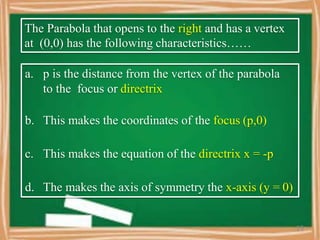 The Parabola that opens to the right and has a vertex
at (0,0) has the following characteristics……
a. p is the distance from the vertex of the parabola
to the focus or directrix
b. This makes the coordinates of the focus (p,0)
c. This makes the equation of the directrix x = -p
d. The makes the axis of symmetry the x-axis (y = 0)
15
 