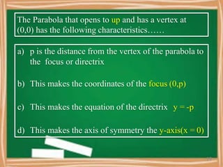 The Parabola that opens to up and has a vertex at
(0,0) has the following characteristics……
a) p is the distance from the vertex of the parabola to
the focus or directrix
b) This makes the coordinates of the focus (0,p)
c) This makes the equation of the directrix y = -p
d) This makes the axis of symmetry the y-axis(x = 0)
19
 
