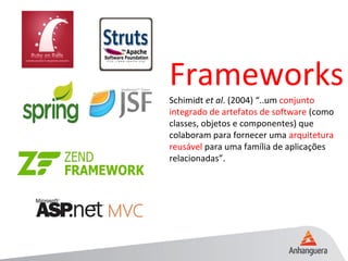 Frameworks
Schimidt et al. (2004) “..um conjunto
integrado de artefatos de software (como
classes, objetos e componentes) que
colaboram para fornecer uma arquitetura
reusável para uma família de aplicações
relacionadas”.
 