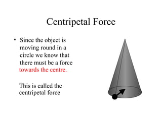 Centripetal Force
• Since the object is
moving round in a
circle we know that
there must be a force
towards the centre.
This is called the
centripetal force

 