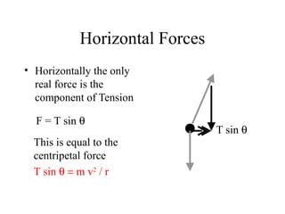 Horizontal Forces
• Horizontally the only
real force is the
component of Tension
F = T sin θ
This is equal to the
centripetal force
T sin θ = m v2 / r

T sin θ

 