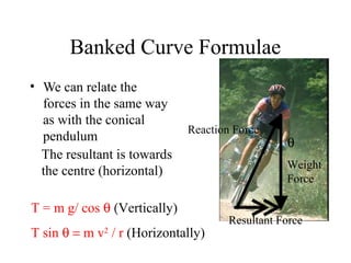 Banked Curve Formulae
• We can relate the
forces in the same way
as with the conical
pendulum
The resultant is towards
the centre (horizontal)

Reaction Force

T = m g/ cos θ (Vertically)
T sin θ = m v2 / r (Horizontally)

θ
Weight
Force

Resultant Force

 