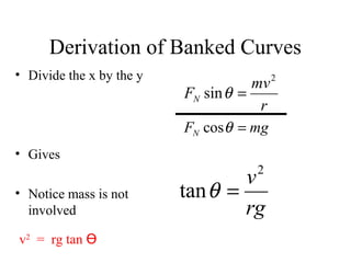 Derivation of Banked Curves
• Divide the x by the y

mv
FN sin θ =
r
FN cosθ = mg

• Gives
2

• Notice mass is not
involved
v2 = rg tan ϴ

v
tan θ =
rg

2

 