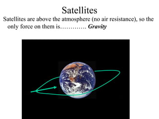 Satellites
Satellites are above the atmosphere (no air resistance), so the
only force on them is…………. Gravity

 