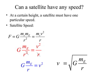 Can a satellite have any speed?
• At a certain height, a satellite must have one
particular speed.
• Satellite Speed:

ms mE ms v 2
F =G 2 =
r
r
2

mE v
G 2 =
r
r

mE
2
G
=v
r

mE
v = G
r

 