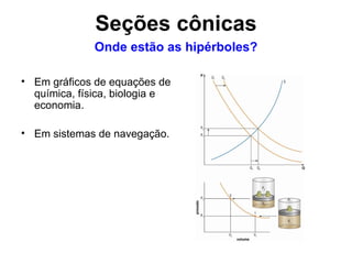 Em gráficos de equações de química, física, biologia e economia. Em sistemas de navegação. Onde estão as hipérboles? Seções cônicas 