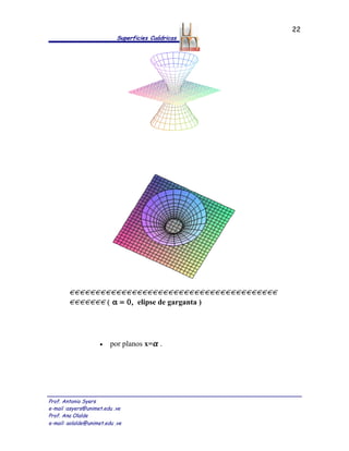 22
                            Superficies Cuádricas




                         ( α = 0, elipse de garganta )




                     •   por planos x=α .




Prof. Antonio Syers
e-mail :asyers@unimet.edu .ve
Prof. Ana Olalde
e-mail: aolalde@unimet.edu .ve
 
