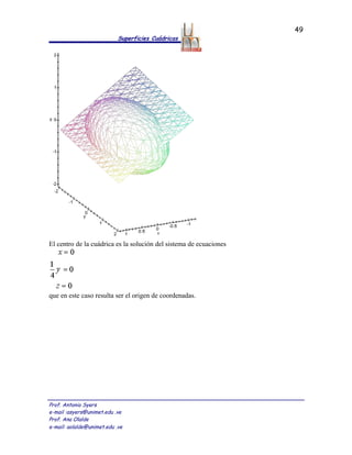 49
                            Superficies Cuádricas




El centro de la cuádrica es la solución del sistema de ecuaciones




que en este caso resulta ser el origen de coordenadas.




Prof. Antonio Syers
e-mail :asyers@unimet.edu .ve
Prof. Ana Olalde
e-mail: aolalde@unimet.edu .ve
 