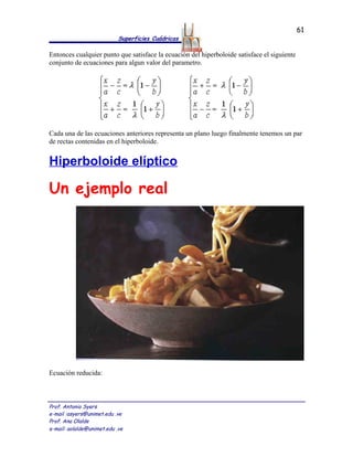 61
                            Superficies Cuádricas

Entonces cualquier punto que satisface la ecuación del hiperboloide satisface el siguiente
conjunto de ecuaciones para algun valor del parametro.




Cada una de las ecuaciones anteriores representa un plano luego finalmente tenemos un par
de rectas contenidas en el hiperboloide.


Hiperboloide elíptico

Un ejemplo real




Ecuación reducida:



Prof. Antonio Syers
e-mail :asyers@unimet.edu .ve
Prof. Ana Olalde
e-mail: aolalde@unimet.edu .ve
 