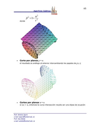 63
                            Superficies Cuádricas




        donde




    •   Corte por planos y = α
        el resultado es análogo al anterior intercambiando los papeles de   yyz




    •   Cortes por planos x = α
        si |α| > a, entonces la curva intersección resulta ser una elipse de ecuación




Prof. Antonio Syers
e-mail :asyers@unimet.edu .ve
Prof. Ana Olalde
e-mail: aolalde@unimet.edu .ve
 