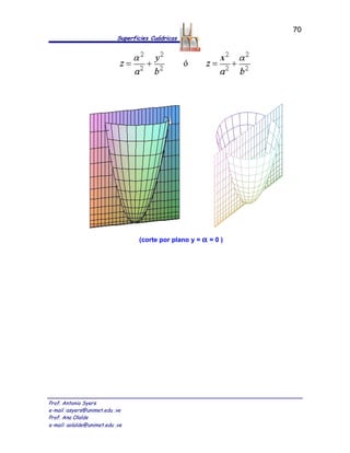 70
                            Superficies Cuádricas




                                   (corte por plano y = α = 0 )




Prof. Antonio Syers
e-mail :asyers@unimet.edu .ve
Prof. Ana Olalde
e-mail: aolalde@unimet.edu .ve
 