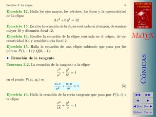 MATEMATICAS
1º Bachillerato
A
s = B + m v
r = A + l u
B
d
CIENCIASCIENCIAS
MaTEX
C´onicas
Doc Doc
Volver Cerrar
Secci´on 3: La elipse 14
Ejercicio 12. Halla los ejes mayor, los v´ertices, los focos y la excentricidad
de la elipse
3 x2
+ 6 y2
= 12
Ejercicio 13. Escribe la ecuaci´on de la elipse centrada en el origen, de semieje
mayor 10 y distancia focal 12.
Ejercicio 14. Escribe la ecuaci´on de la elipse centrada en el origen, de ex-
centricidad 0.4 y semidistancia focal 2.
Ejercicio 15. Halla la ecuaci´on de una elipse sabiendo que pasa por los
puntos P(1, −1) y Q(0, −4).
• Ecuaci´on de la tangente
Teorema 3.2. La ecuaci´on de la tangente a la elipse
x2
a2
+
y2
b2
= 1
en el punto P(x0, y0) es
x0 x
a2
+
y0 y
b2
= 1 (5)
Ejercicio 16. Halla la ecuaci´on de la recta tangente que pasa por P(4, 1) a
la elipse
x2
18
+
y2
9
= 1
 