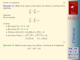 MATEMATICAS
1º Bachillerato
A
s = B + m v
r = A + l u
B
d
CIENCIASCIENCIAS
MaTEX
C´onicas
Doc Doc
Volver Cerrar
Secci´on 4: La hip´erbola 18
Ejemplo 4.1. Halla el eje mayor, el eje menor, los v´ertices, y los focos de la
hip´erbola
x2
25
−
y2
16
= 1
Soluci´on:
De la ecuaci´on
x2
52
−
y2
42
= 1
se tiene:
Eje mayor 2 a = 2 · 5 = 10
Eje menor 2 b = 2 · 4 = 8
V´ertices A(5, 0),A (−5, 0),B(0, 4) y B (0, −4)
Los focos. Como c = a2 + b2 = 52 + 42 = 41,
F(
√
41, 0) F (−
√
41, 0)
Ejercicio 17. Halla los ejes mayor, los v´ertices, y los focos de la hip´erbola
3 x2
− 6 y2
= 12
 