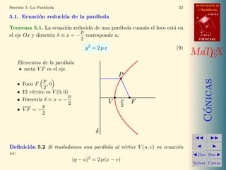 MATEMATICAS
1º Bachillerato
A
s = B + m v
r = A + l u
B
d
CIENCIASCIENCIAS
MaTEX
C´onicas
Doc Doc
Volver Cerrar
Secci´on 5: La Par´abola 22
5.1. Ecuaci´on reducida de la par´abola
Teorema 5.1. La ecuaci´on reducida de una par´abola cuando el foco est´a en
el eje Ox y directriz δ ≡ x = −
p
2
corresponde a:
y2
= 2 p x (9)
Elementos de la par´abola
• recta V F es el eje
• Foco F
p
2
, 0
• El v´ertice es V (0, 0)
• Directriz δ ≡ x = −
p
2
• V F = −
p
2
P
Fp
2
V
δ
Deﬁnici´on 5.2 Si trasladamos una par´abola al v´ertice V (u, v) su ecuaci´on
es:
(y − u)2
= 2 p (x − v)
 