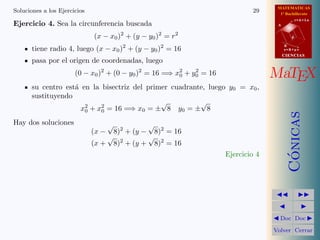 MATEMATICAS
1º Bachillerato
A
s = B + m v
r = A + l u
B
d
CIENCIASCIENCIAS
MaTEX
C´onicas
Doc Doc
Volver Cerrar
Soluciones a los Ejercicios 29
Ejercicio 4. Sea la circunferencia buscada
(x − x0)2
+ (y − y0)2
= r2
tiene radio 4, luego (x − x0)2
+ (y − y0)2
= 16
pasa por el origen de coordenadas, luego
(0 − x0)2
+ (0 − y0)2
= 16 =⇒ x2
0 + y2
0 = 16
su centro est´a en la bisectriz del primer cuadrante, luego y0 = x0,
sustituyendo
x2
0 + x2
0 = 16 =⇒ x0 = ±
√
8 y0 = ±
√
8
Hay dos soluciones
(x −
√
8)2
+ (y −
√
8)2
= 16
(x +
√
8)2
+ (y +
√
8)2
= 16
Ejercicio 4
 
