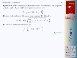 MATEMATICAS
1º Bachillerato
A
s = B + m v
r = A + l u
B
d
CIENCIASCIENCIAS
MaTEX
C´onicas
Doc Doc
Volver Cerrar
Soluciones a los Ejercicios 31
Ejercicio 6. Si los extremos del di´ametro de una circunferencia son los puntos
A(2, 1), B(3, −3), su centro es el punto medio de ellos
C =
1
2
(A + B) =
5
2
, −1
El radio es la distancia del centro a un extremo del di´ametro:
r = d(C, A) =
5
2
− 1
2
+ (−1 − 1)
2
=
5
2
La ecuaci´on de la circunferencia es:
x −
5
2
2
+ (y + 1)
2
=
25
4
Ejercicio 6
 