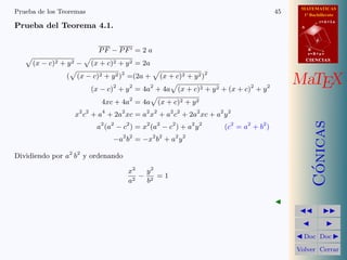 MATEMATICAS
1º Bachillerato
A
s = B + m v
r = A + l u
B
d
CIENCIASCIENCIAS
MaTEX
C´onicas
Doc Doc
Volver Cerrar
Prueba de los Teoremas 45
Prueba del Teorema 4.1.
PF − PF = 2 a
(x − c)2 + y2 − (x + c)2 + y2 = 2a
( (x − c)2 + y2)2
=(2a + (x + c)2 + y2)2
(x − c)2
+ y2
= 4a2
+ 4a (x + c)2 + y2 + (x + c)2
+ y2
4xc + 4a2
= 4a (x + c)2 + y2
x2
c2
+ a4
+ 2a2
xc = a2
x2
+ a2
c2
+ 2a2
xc + a2
y2
a2
(a2
− c2
) = x2
(a2
− c2
) + a2
y2
(c2
= a2
+ b2
)
−a2
b2
= −x2
b2
+ a2
y2
Dividiendo por a2
b2
y ordenando
x2
a2
−
y2
b2
= 1
 