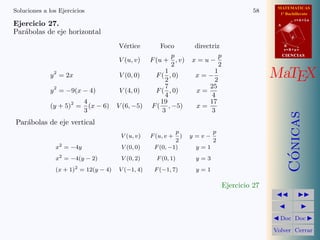 MATEMATICAS
1º Bachillerato
A
s = B + m v
r = A + l u
B
d
CIENCIASCIENCIAS
MaTEX
C´onicas
Doc Doc
Volver Cerrar
Soluciones a los Ejercicios 58
Ejercicio 27.
Par´abolas de eje horizontal
V´ertice Foco directriz
V (u, v) F(u +
p
2
, v) x = u −
p
2
y2
= 2x V (0, 0) F(
1
2
, 0) x = −
1
2
y2
= −9(x − 4) V (4, 0) F(
7
4
, 0) x =
25
4
(y + 5)2
=
4
3
(x − 6) V (6, −5) F(
19
3
, −5) x =
17
3
Par´abolas de eje vertical
V (u, v) F(u, v +
p
2
) y = v −
p
2
x2
= −4y V (0, 0) F(0, −1) y = 1
x2
= −4(y − 2) V (0, 2) F(0, 1) y = 3
(x + 1)2
= 12(y − 4) V (−1, 4) F(−1, 7) y = 1
Ejercicio 27
 